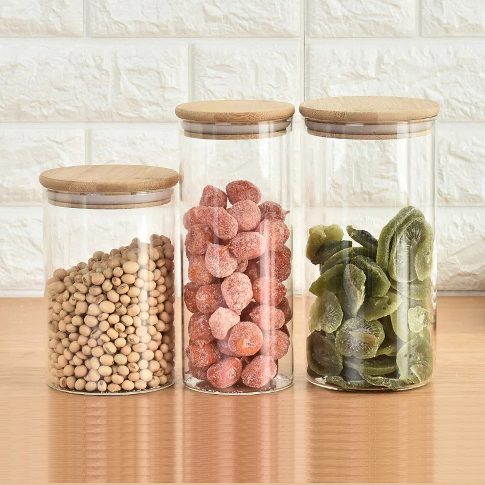 OEM Size Airtight High Borosilicate Round Glass Food Storage Container Jars with bamboo lids