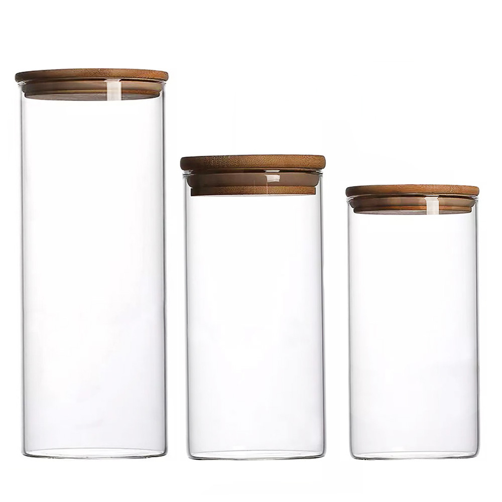 OEM Size Airtight High Borosilicate Round Glass Food Storage Container Jars with bamboo lids