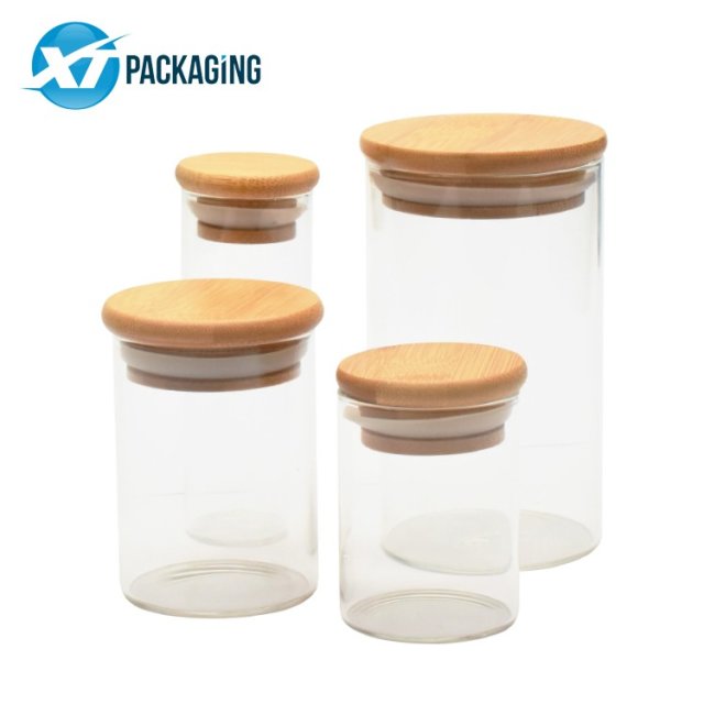 OEM Smell Proof Storage Glass Jar Borosilicate Glass Container bamboo lid wooden cap wooden lid tubos de vidrio