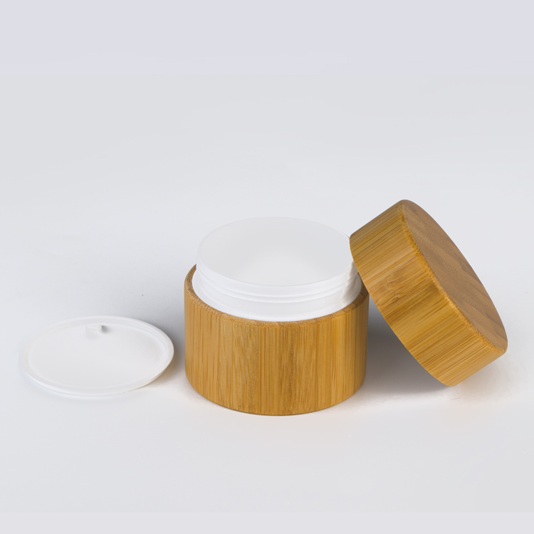 OEM body lotion container 30ml 50ml 100ml empty bamboo white PP plastic round cosmetic cream jar with bamboo lid