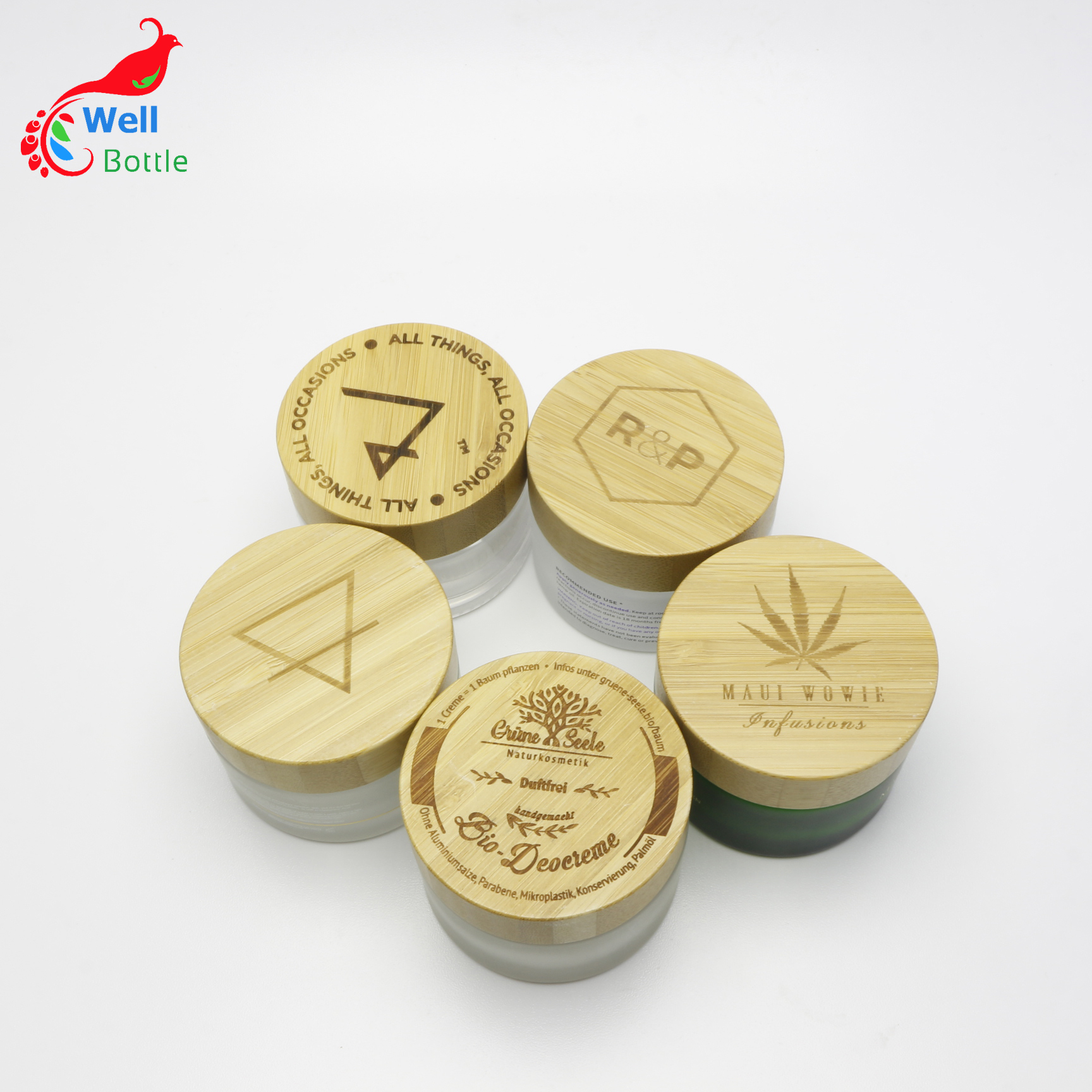 OEM cosmetic 30ml frosted green glass jar bamboo lid J097E