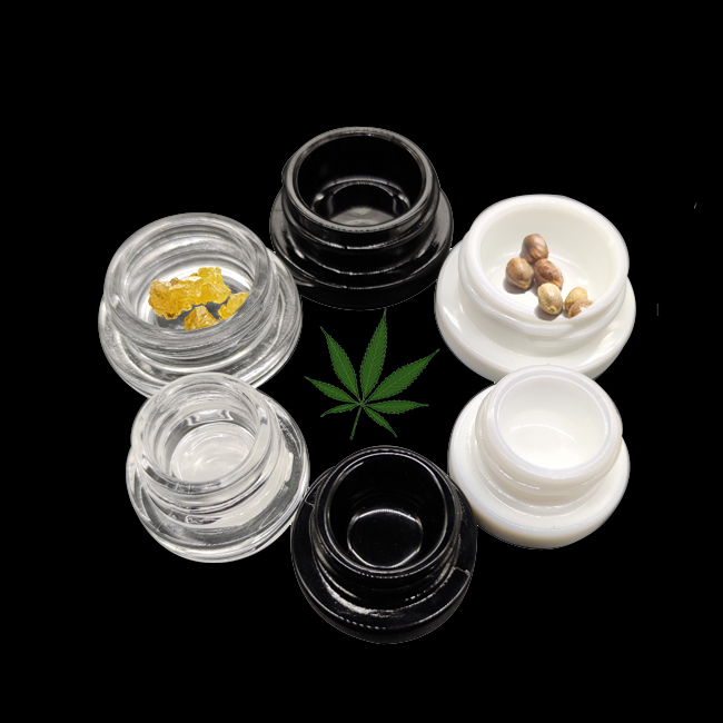 OEM custom label glass 5ml 9ml clear/black/white cbd concentrate jar with plastic black/white smooth/ribbed CR cap in stock