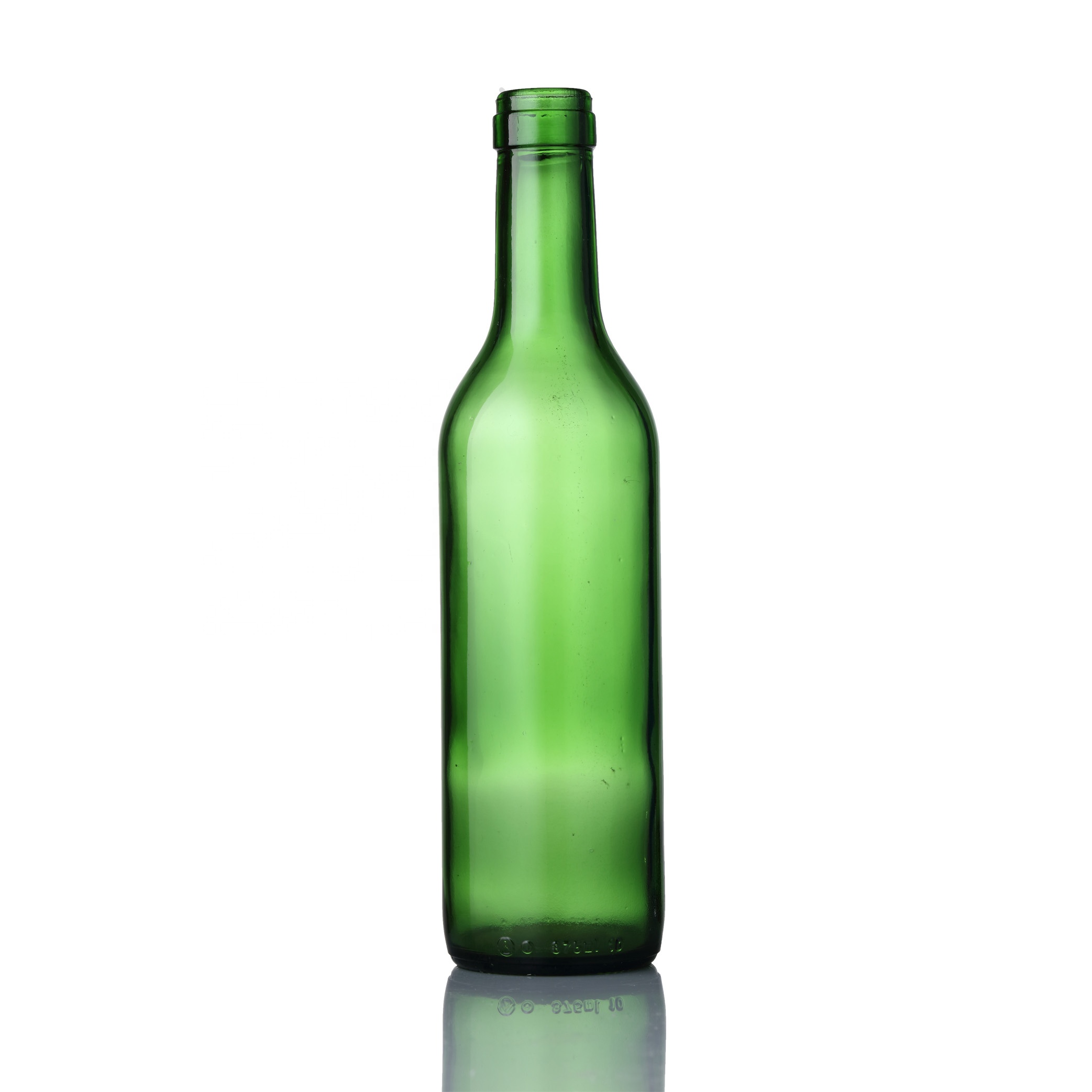OEM empty 33cl 375ml printed round shape green bottle for beverage liquor beer alcohol  spirit with screw cap