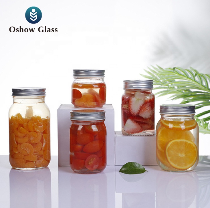 OSHOW Wholesale 250ml 300ml 450ml 700ml empty round glass mason jar with lid for food storage
