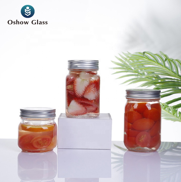 OSHOW Wholesale 250ml 300ml 450ml 700ml empty round glass mason jar with lid for food storage