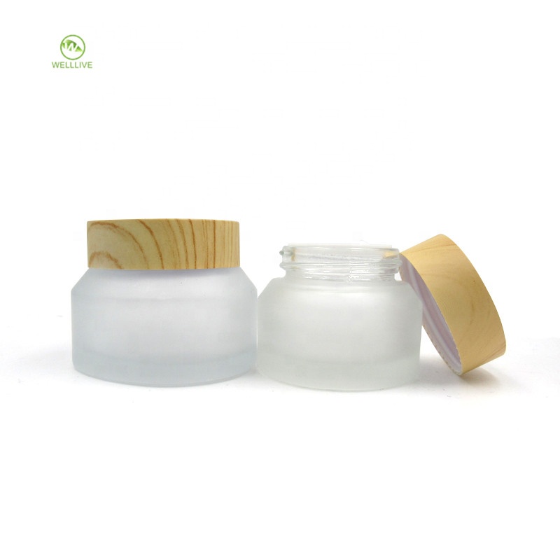 Oblique shoulder 15g 30g 50g frosted transparent glass jar with wood grain cap for eye face cream