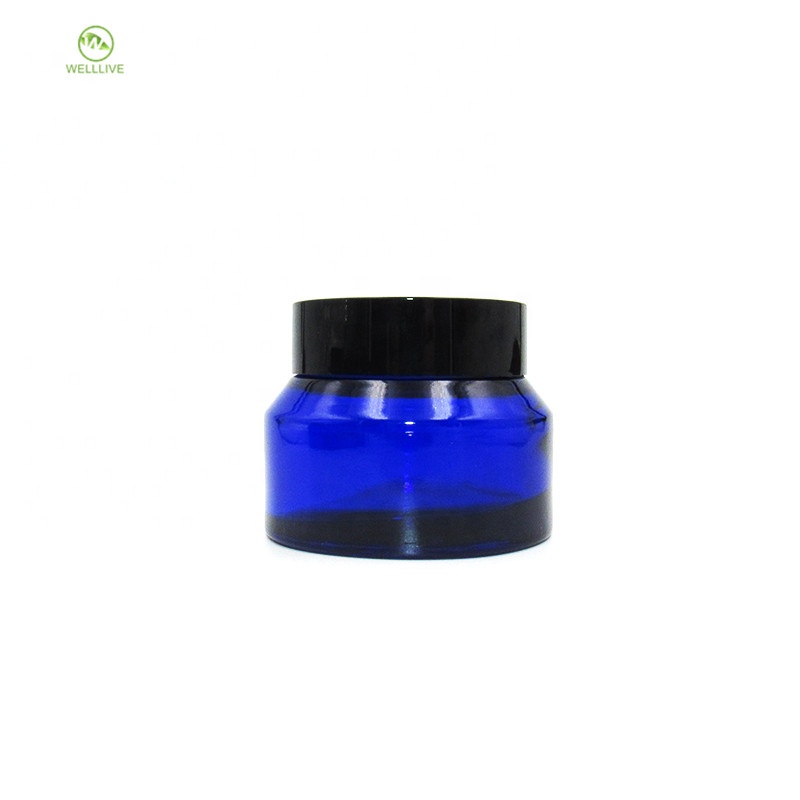 Oblique shoulder shape 15g 30g 50g cobalt blue cosmetic empty packaging glass cream jar container with black lid