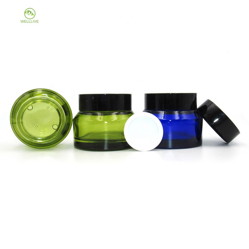 Oblique shoulder shape 15g 30g 50g cobalt blue cosmetic empty packaging glass cream jar container with black lid
