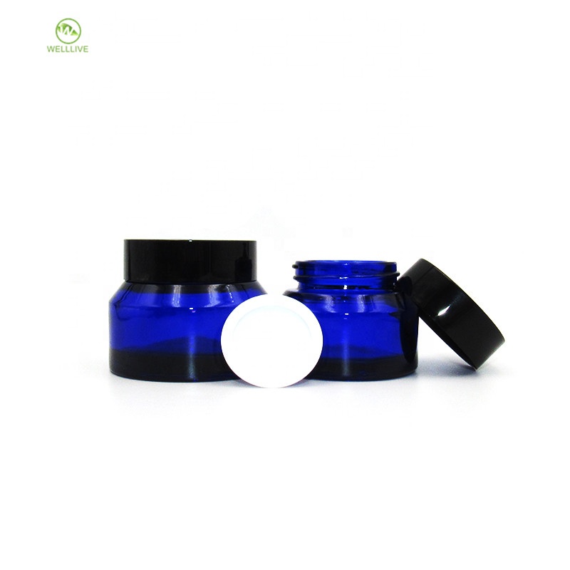 Oblique shoulder shape 15g 30g 50g cobalt blue cosmetic empty packaging glass cream jar container with black lid