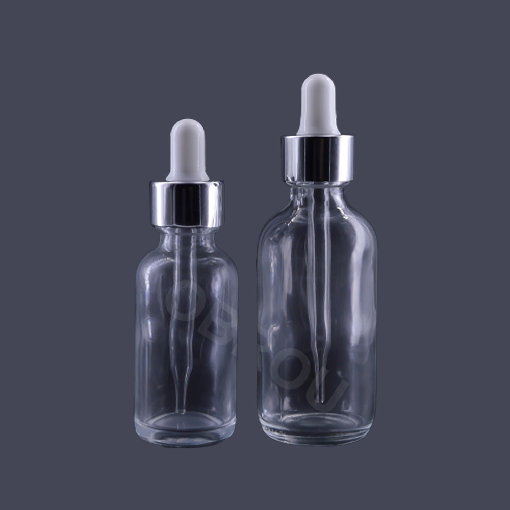 Obrou 30ml 60ml 120ml clear boston glass dropper bottle liquid bottle empty essential oil bottles with silver cap