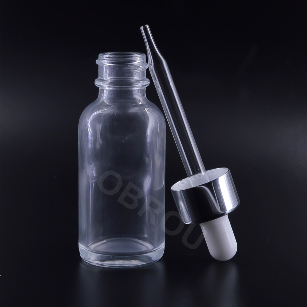 Obrou 30ml 60ml 120ml clear boston glass dropper bottle liquid bottle empty essential oil bottles with silver cap