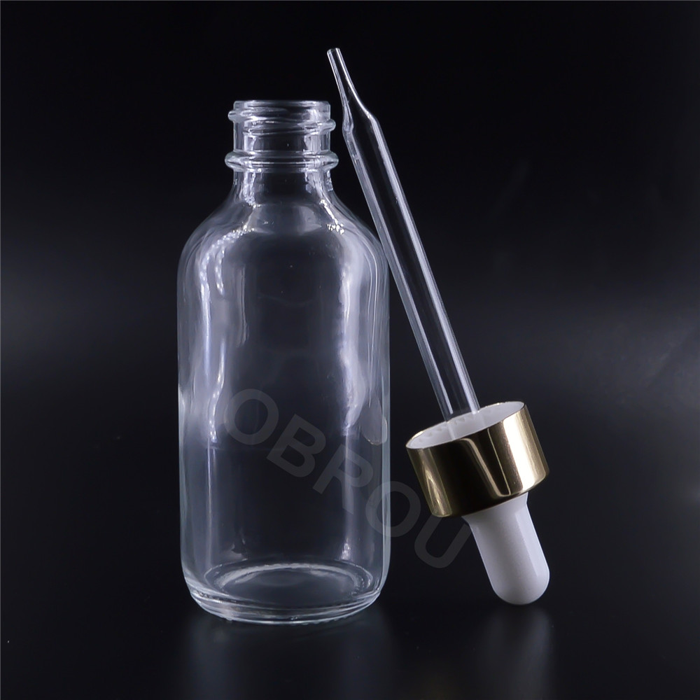 Obrou 30ml 60ml 120ml clear boston glass dropper bottle liquid bottle empty essential oil bottles with silver cap