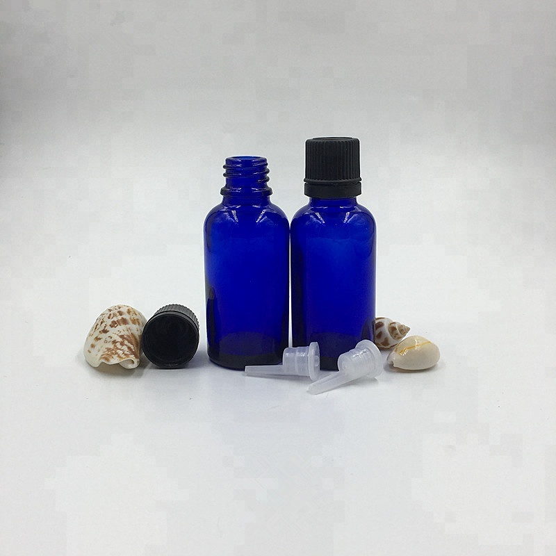 Obrou 30ml glass essential oil bottles blue glass beard oil dropper bottle with plug flat tamper cap