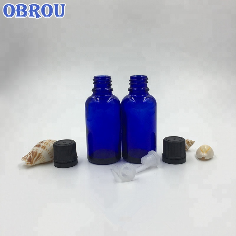 Obrou 30ml glass essential oil bottles blue glass beard oil dropper bottle with plug flat tamper cap