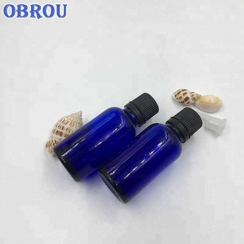 Obrou 30ml glass essential oil bottles blue glass beard oil dropper bottle with plug flat tamper cap