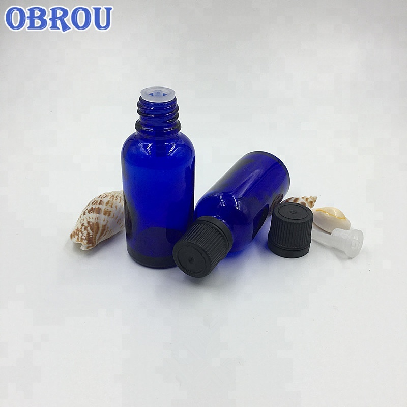 Obrou 30ml glass essential oil bottles blue glass beard oil dropper bottle with plug flat tamper cap