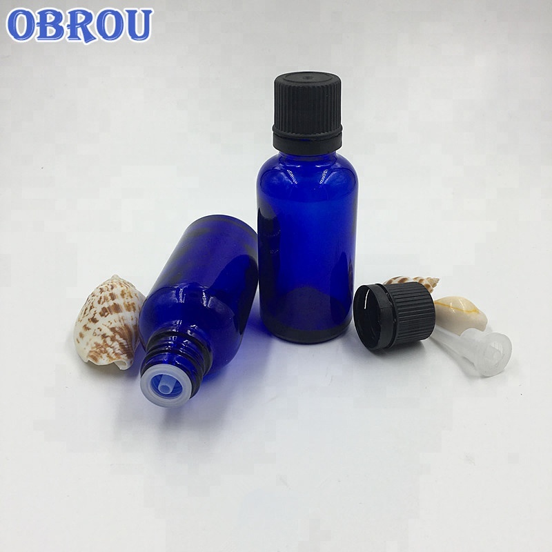 Obrou 30ml glass essential oil bottles blue glass beard oil dropper bottle with plug flat tamper cap