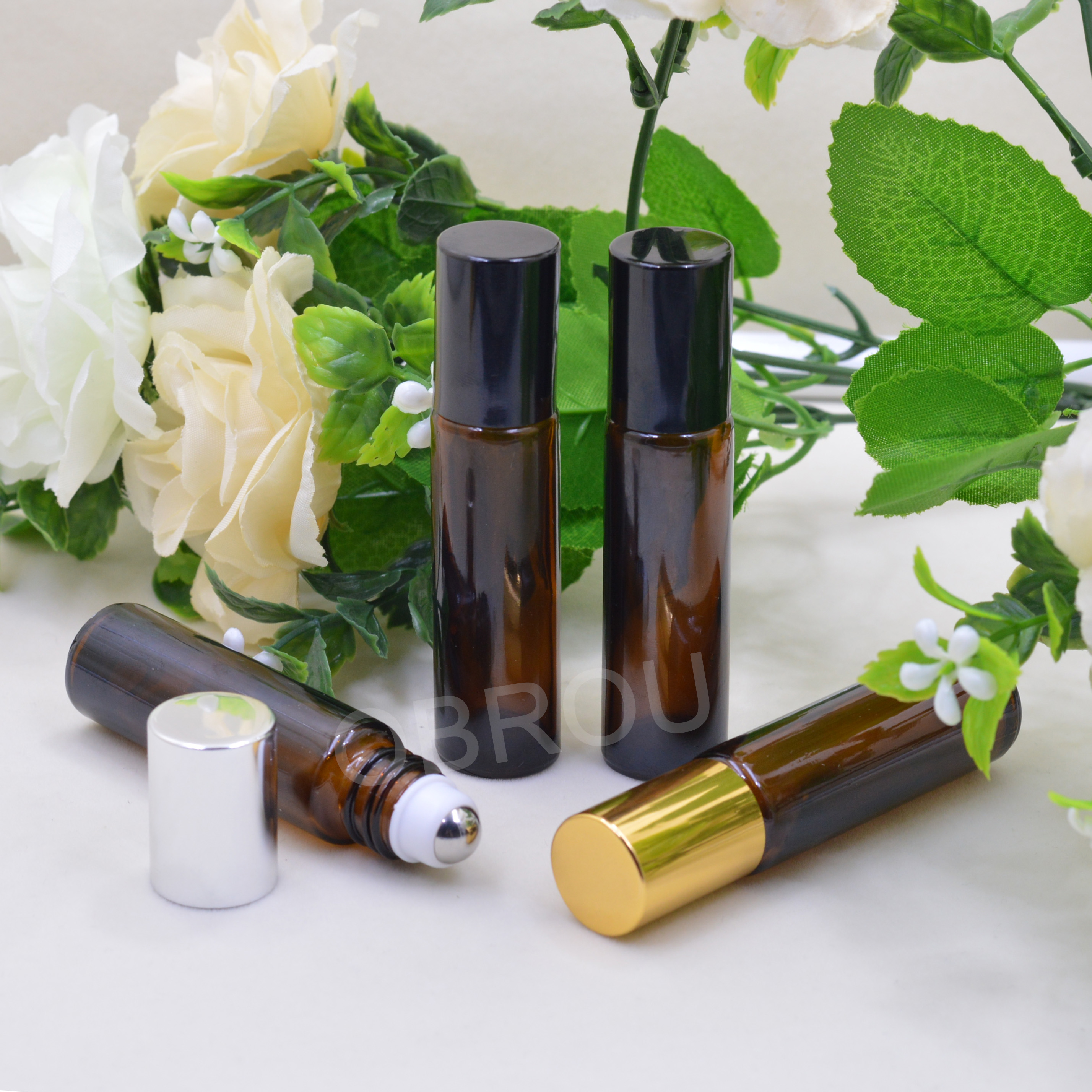 Obrou Factory price essential oil perfume 10ml Amber Glass Roller Bottle with Removable Stainless Steel Roller Ball