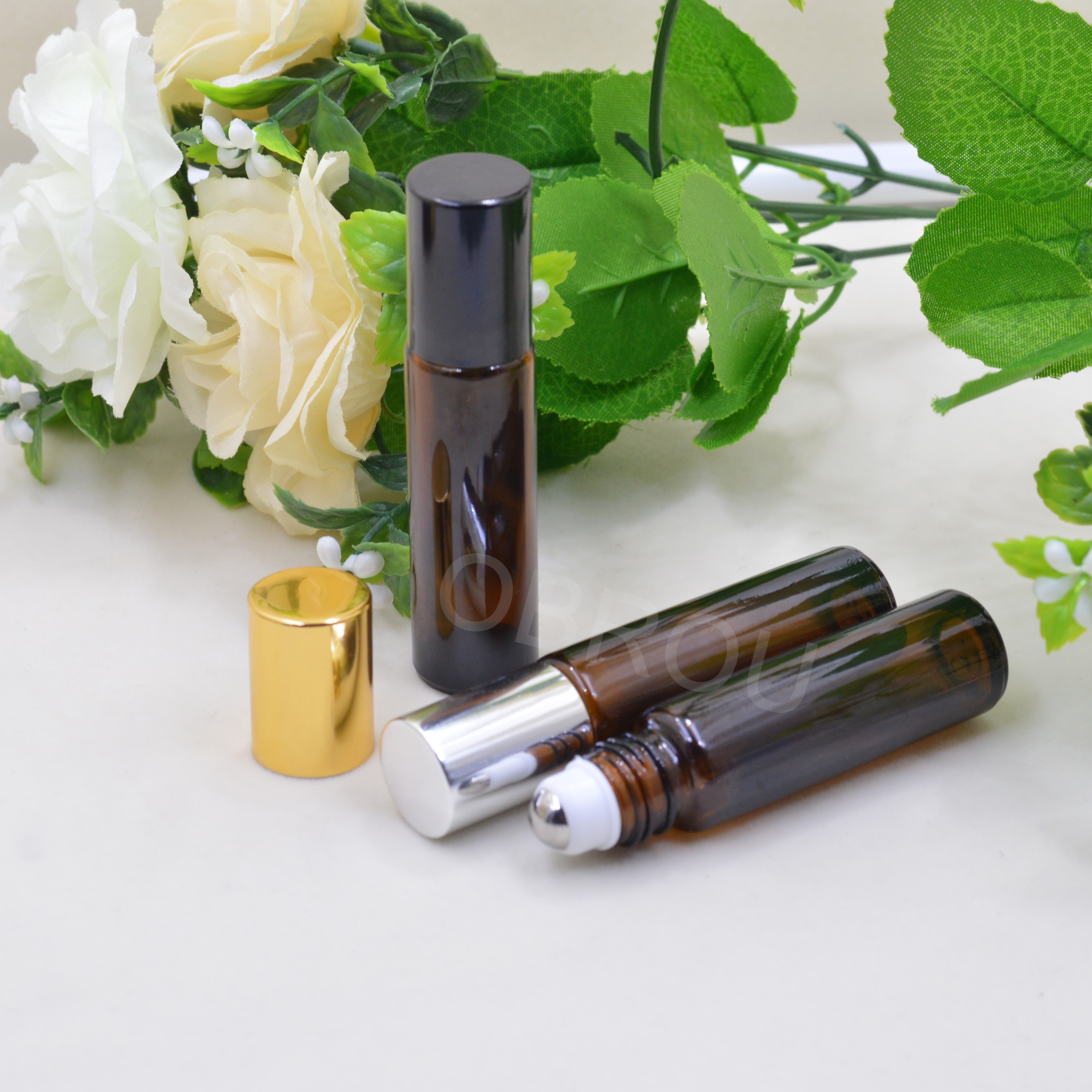 Obrou Factory price essential oil perfume 10ml Amber Glass Roller Bottle with Removable Stainless Steel Roller Ball