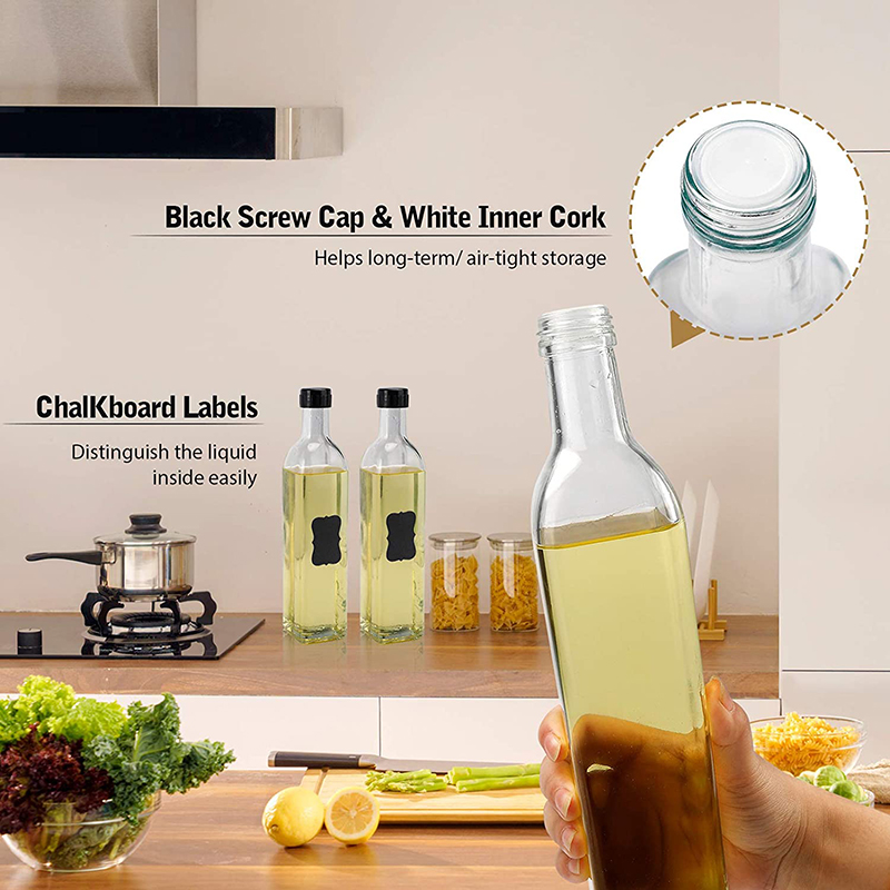 Oil and vinegar bottle set with stainless steel bracket and removable cork stopper