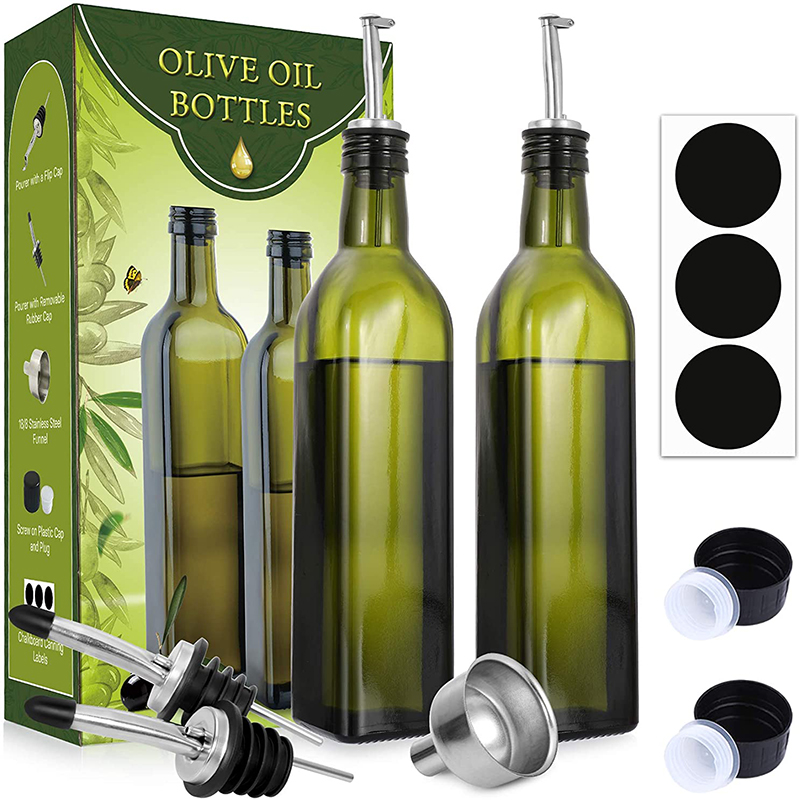 Oil and vinegar bottle set with stainless steel bracket and removable cork stopper