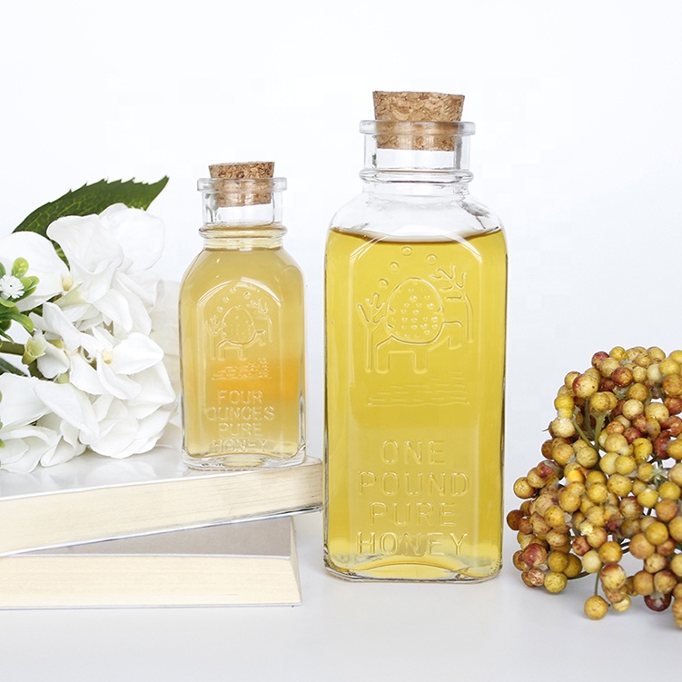 Old fashioned muth honey jars 4oz 8oz 16oz square honey bottle with cork stopper