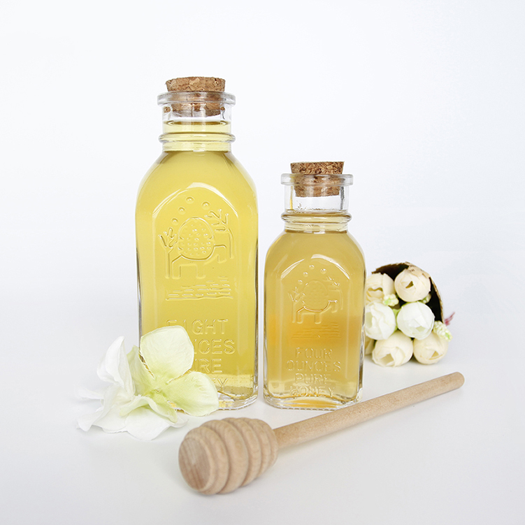 Old fashioned muth honey jars 4oz 8oz 16oz square honey bottle with cork stopper