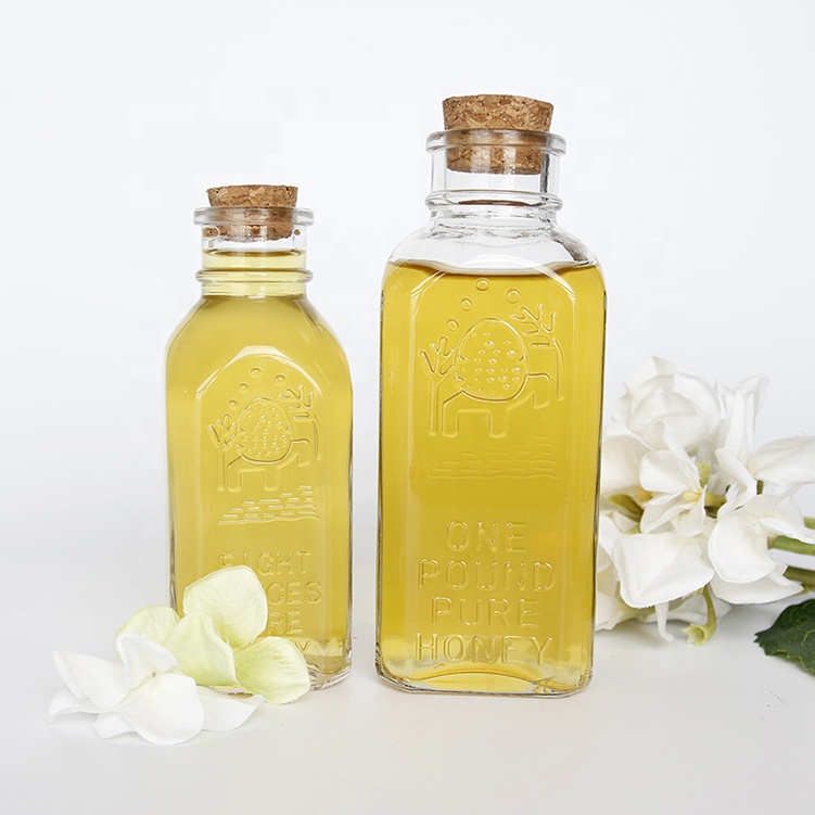 Old fashioned muth honey jars 4oz 8oz 16oz square honey bottle with cork stopper