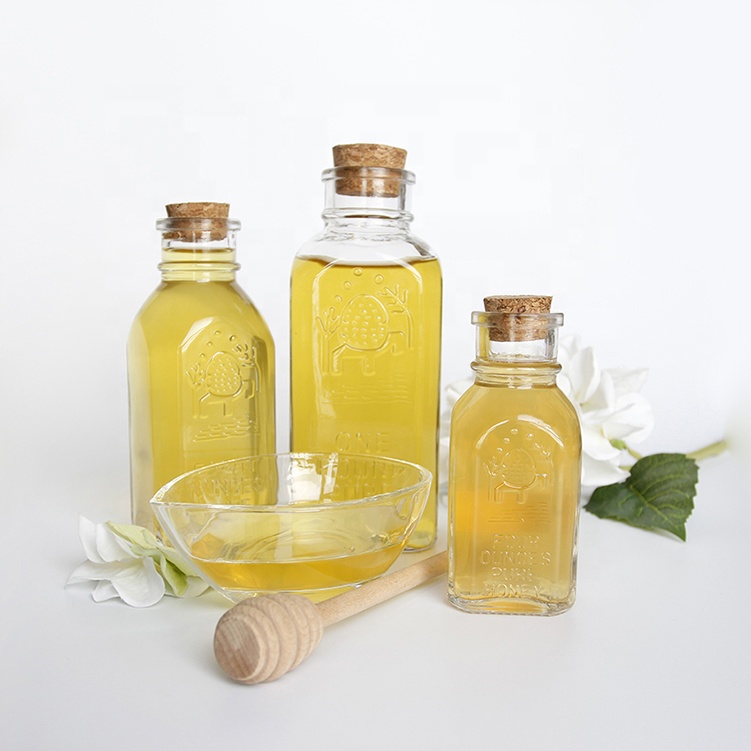Old fashioned muth honey jars 4oz 8oz 16oz square honey bottle with cork stopper