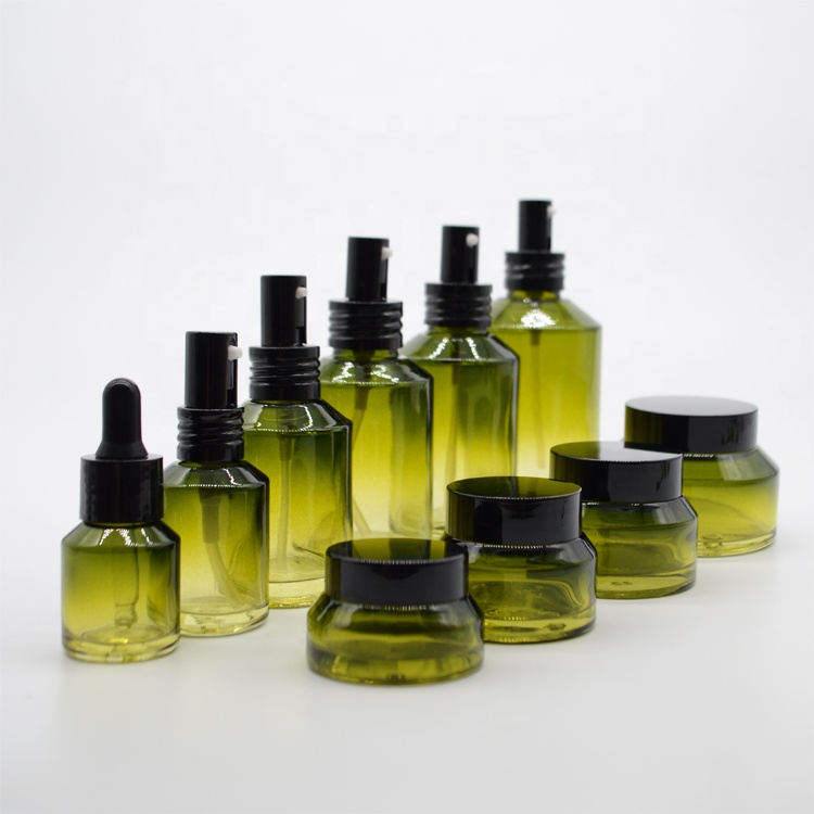 Olive Green Glass Cosmetics Bottle  and Skin Care Cream Empty Pump or Lotion Toner Cosmetic Glass Bottle