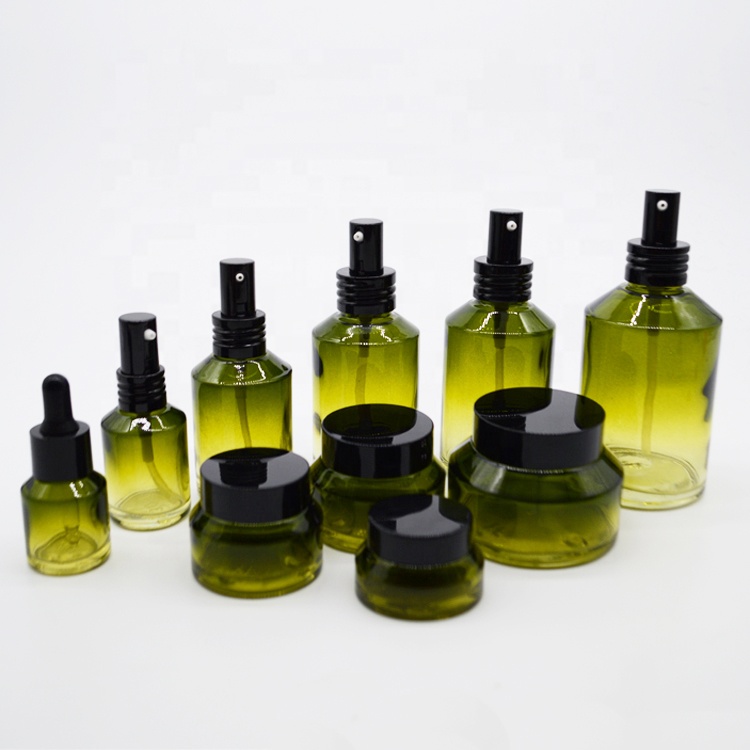 Olive Green Glass Cosmetics Bottle and Skin Care Cream Empty Pump or Lotion Toner Cosmetic Glass Bottle