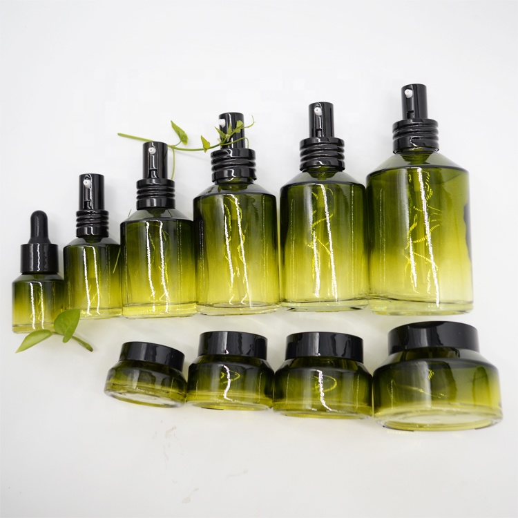 Olive Green Glass Cosmetics Bottle and Skin Care Cream Empty Pump or Lotion Toner Cosmetic Glass Bottle