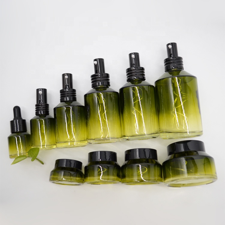Olive Green Glass Cosmetics Bottle and Skin Care Cream Empty Pump or Lotion Toner Cosmetic Glass Bottle