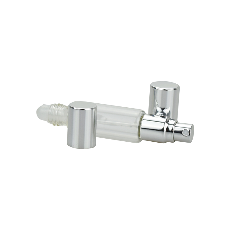 One roll on one spray clear glass perfume essential oil bottles wholesale double head round empty bottles