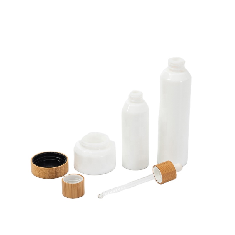Opal White Glass Bottle With Bamboo Spray /Dropper Cap