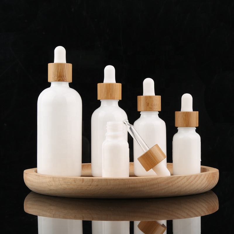 Opal white 15ml 30ml 50ml 100ml  perfume empty bamboo lid glass bottle