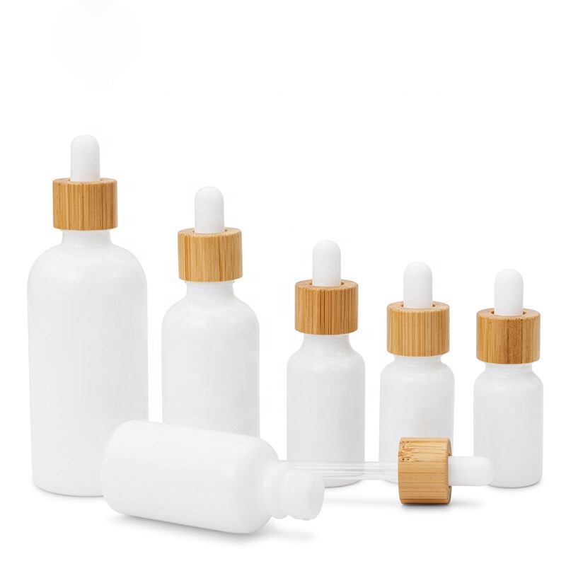 Opal white wood skin care container glass serum essential oil dropper bottle with bamboo dropper 10 ml 15ml 30ml