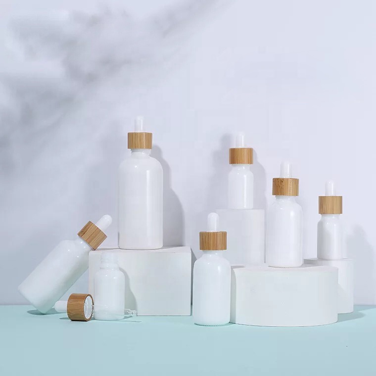 Opal white wood skin care container glass serum essential oil dropper bottle with bamboo dropper 10 ml 15ml 30ml