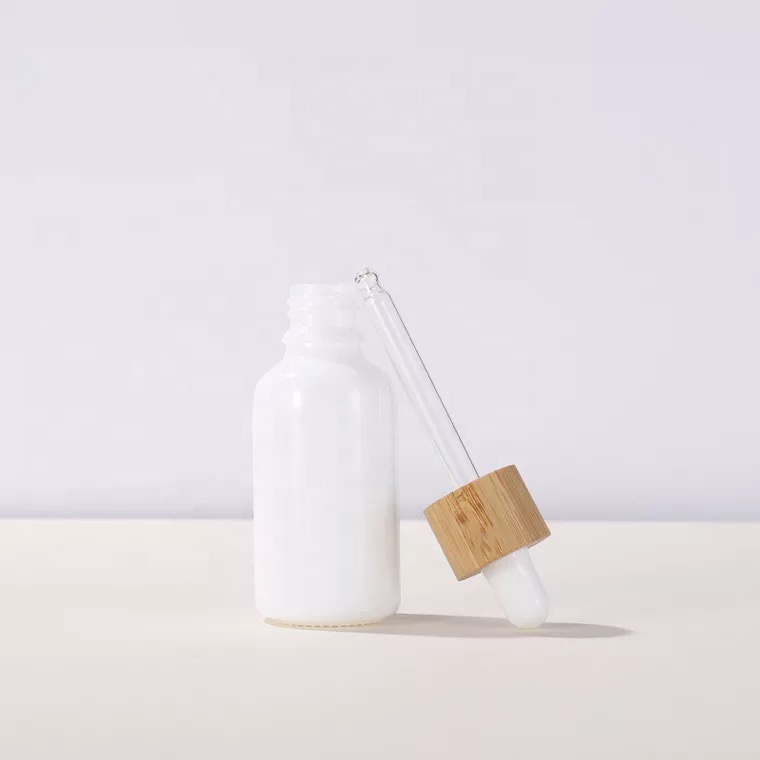 Opal white wood skin care container glass serum essential oil dropper bottle with bamboo dropper 10 ml 15ml 30ml