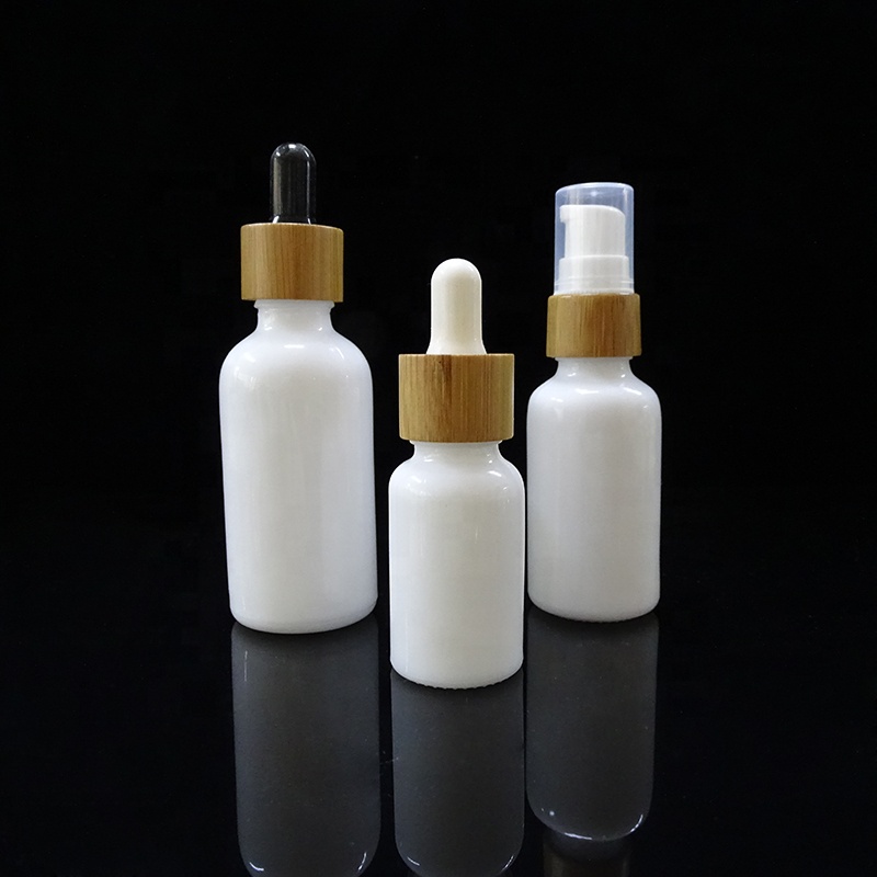 Opal white wood skin care container glass serum essential oil dropper bottle with bamboo dropper 10 ml 15ml 30ml