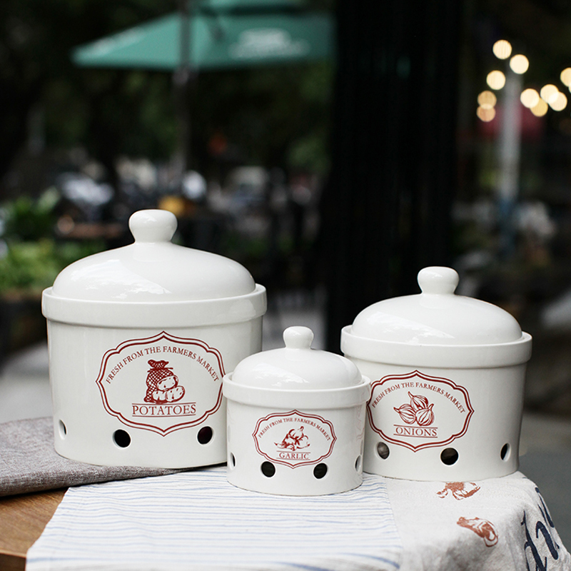 Optional size home goods kitchenware ventilated potato onion garlic ceramic canister food storage jars with lid