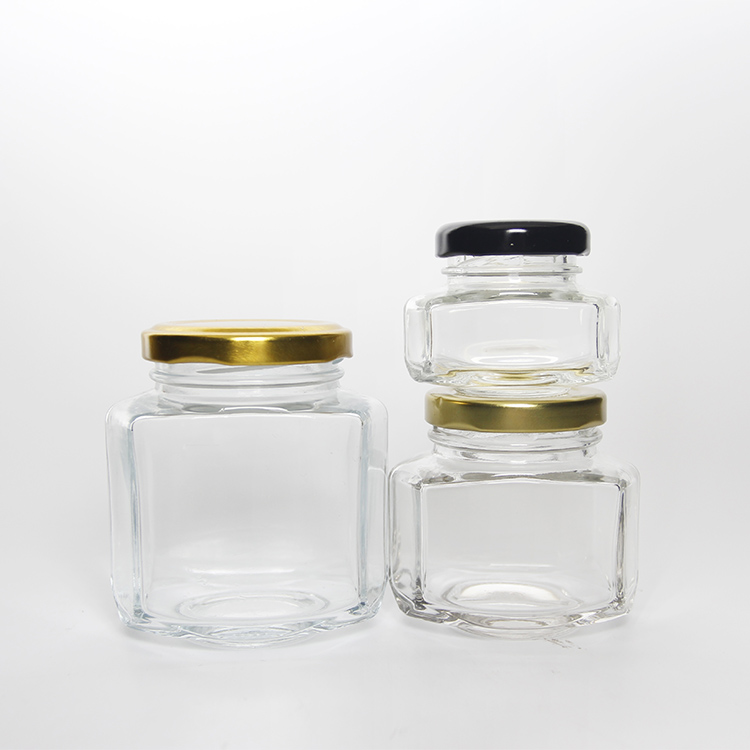 Oval Hexagon Glass Honey Jar 45ml 100ml 180ml 270ml 375ml Hex Glass Jars With Metal Lid