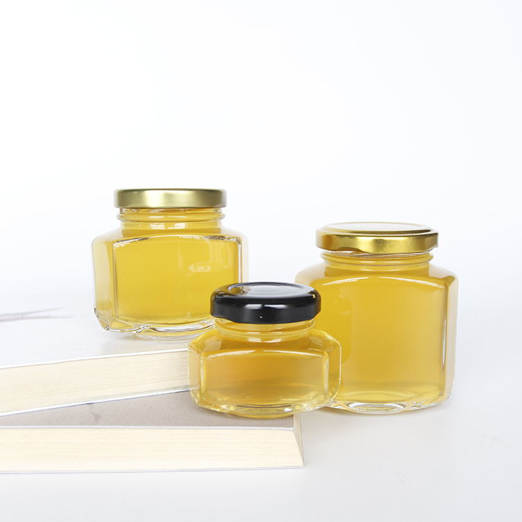 Oval Hexagon Glass Honey Jar 45ml 100ml 180ml 270ml 375ml Hex Glass Jars With Metal Lid