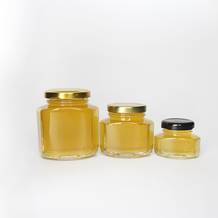 Oval Hexagon Glass Honey Jar 45ml 100ml 180ml 270ml 375ml Hex Glass Jars With Metal Lid