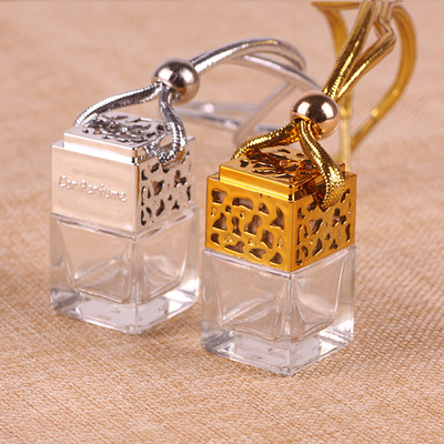 P477 Cube Hollow Car Perfume Bottle Hanging Air Freshener Essential Oils Diffuser Fragrance Empty Glass Bottles