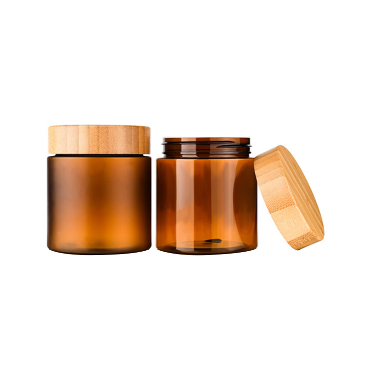 PET Round Amber 16 oz 4 oz 8 oz body scrub body butter spice food cosmetic Plastic Jars with bamboo Lids