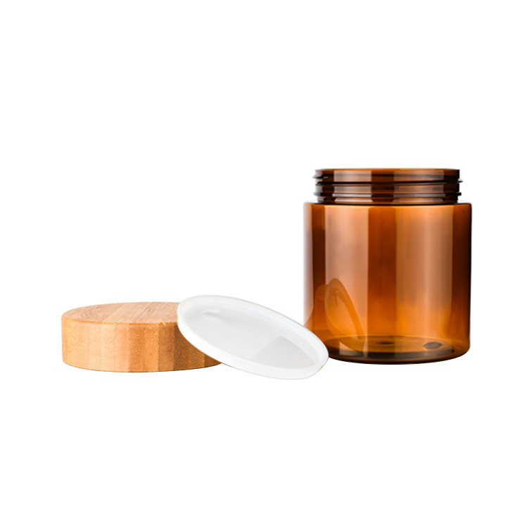 PET Round Amber 16 oz 4 oz 8 oz body scrub body butter spice food cosmetic Plastic Jars with bamboo Lids
