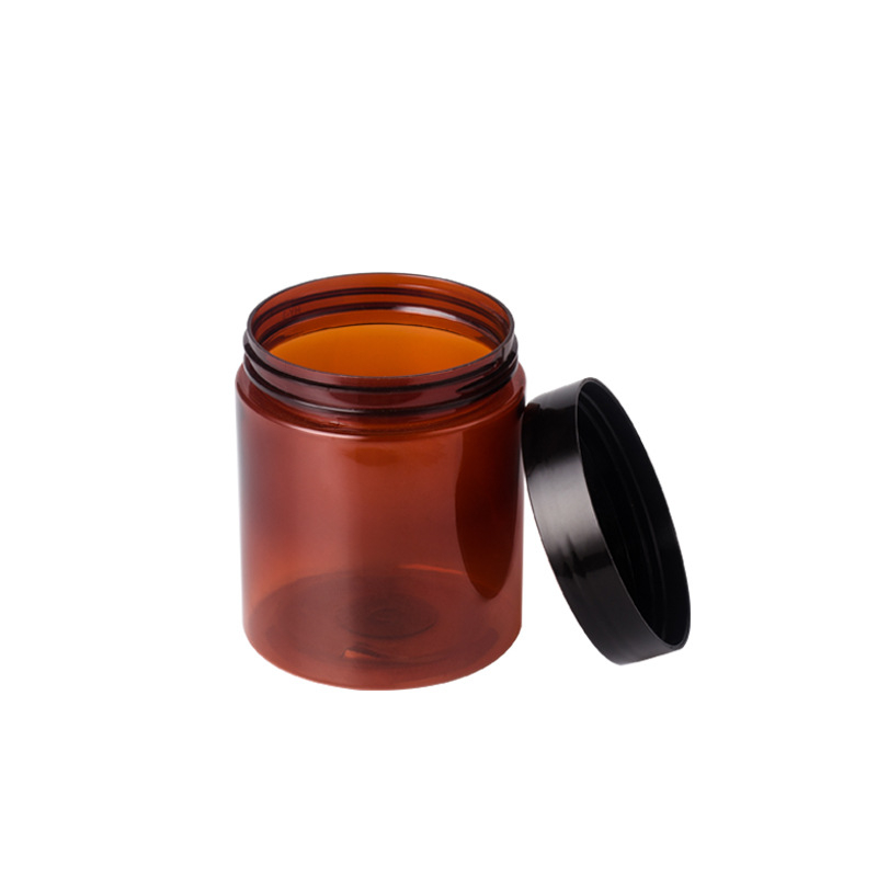 PET Round Amber 2 oz 4 oz 8 oz Plastic Jars with Black Lids