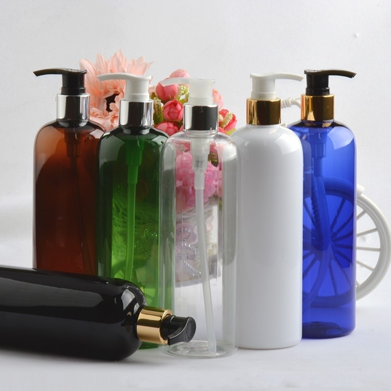 PET colored plastic bottle 100ml 150ml 200ml 250ml 500ml with gold silver lotion pump dispenser