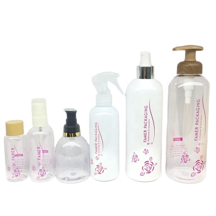 PET cosmetic plastic bottle with lotion pump/spray/cap in 10ml to 500ml